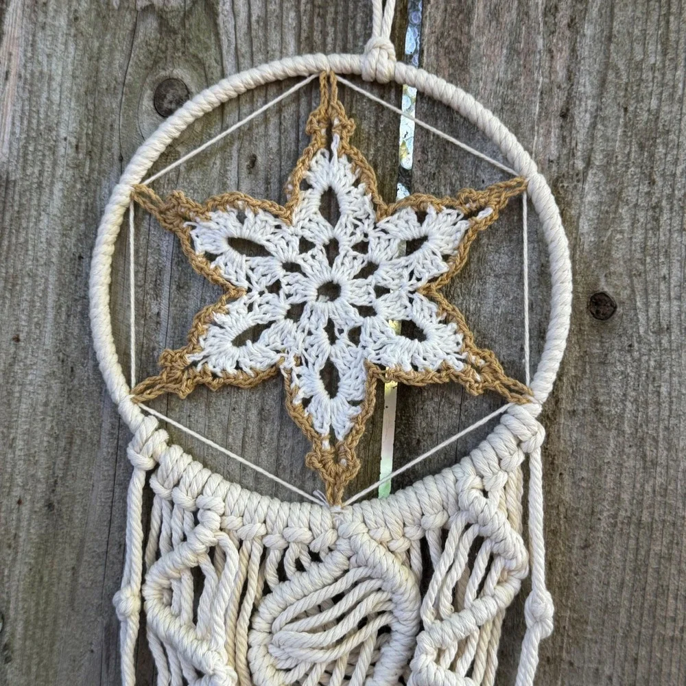 Boho Macrame Wall Hanging Crochet Star Heart Fringe Cream Tan Dreamcatcher Style